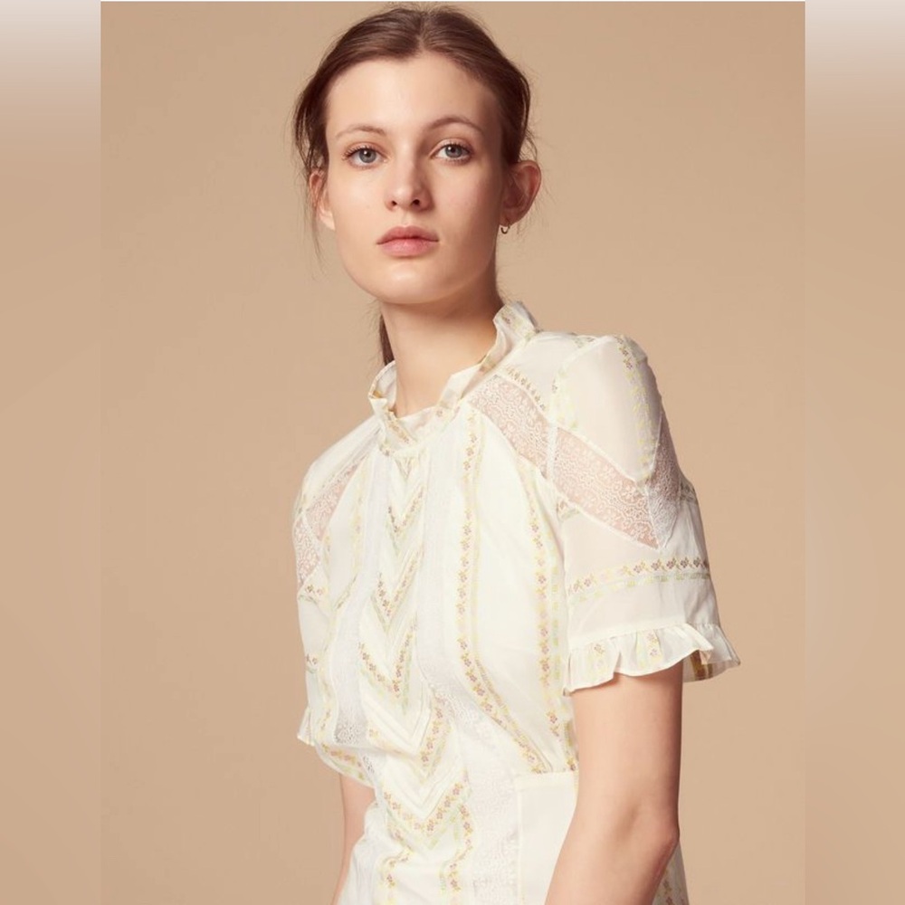 Sandro Cream Ruffle-Neck Midi Dress with Lace Insets
